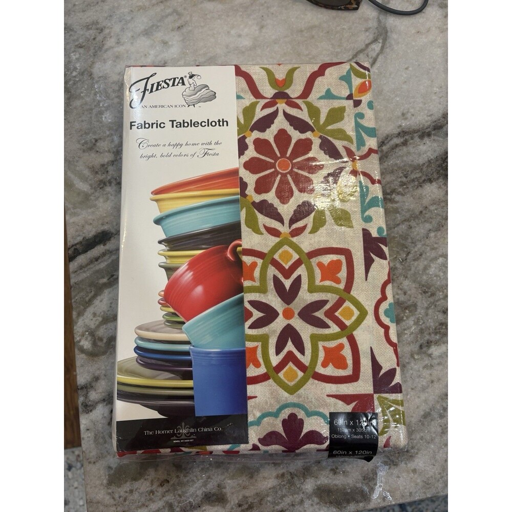 NEW Fiesta Multi-Color Worn Tiles Fabric Oblong 60" x 120" Tablecloth